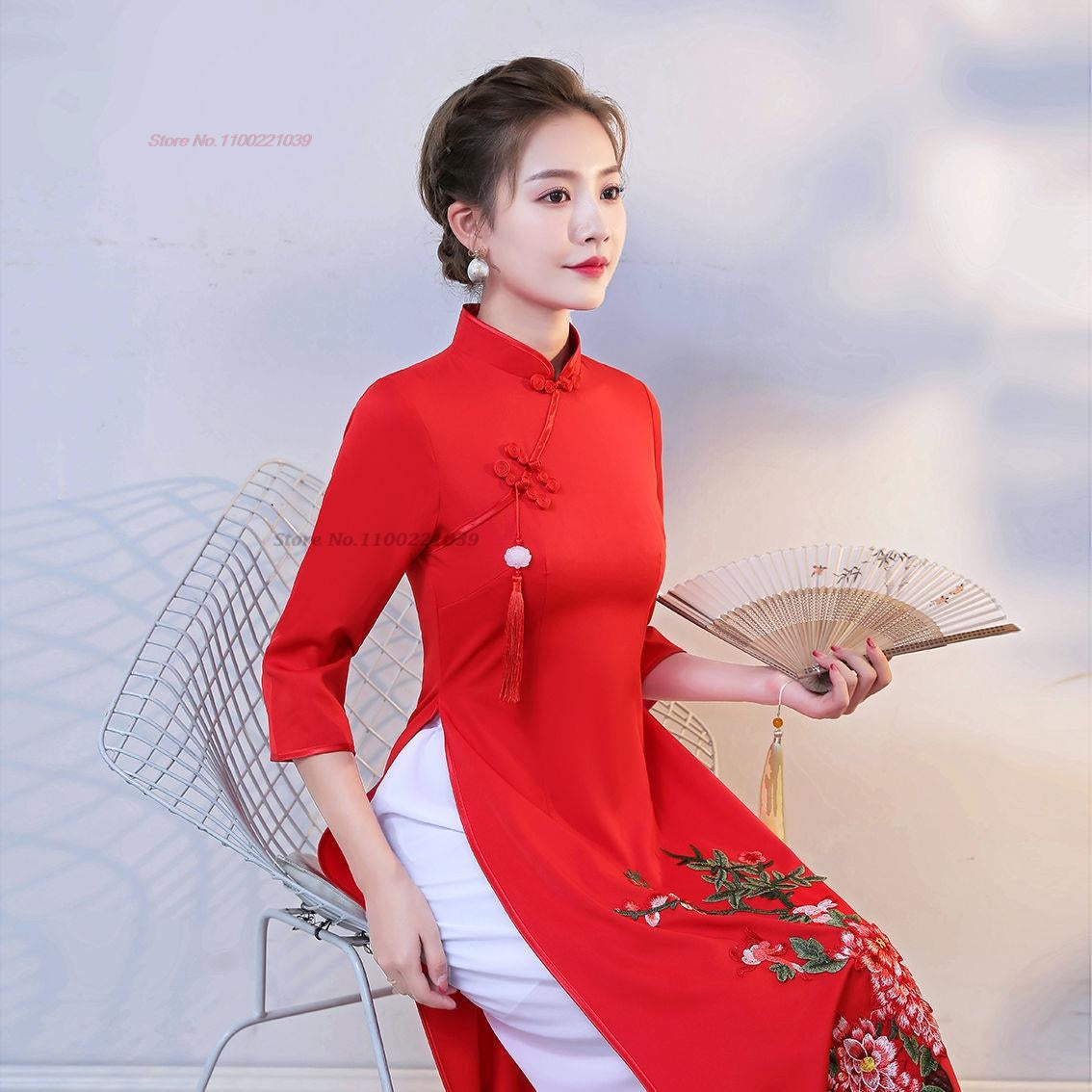 2024 ao dai cheongsam dress oriental qipao dress+pants set vietnam vintage flow image 5