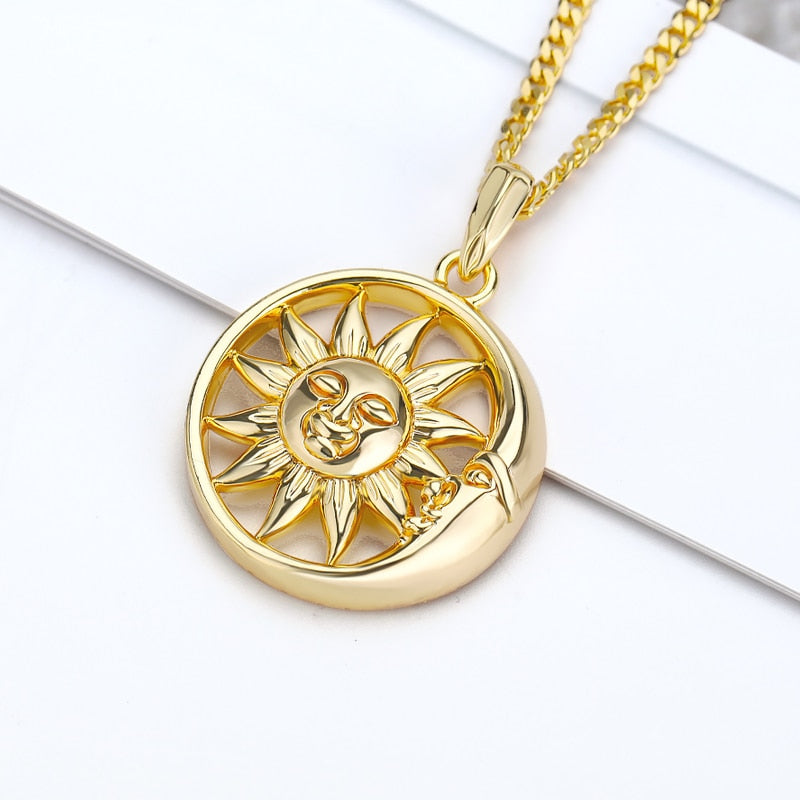 Sun and Moon Necklace For Women Round Gold Color Sun Necklace Stainless Steel B image 2
