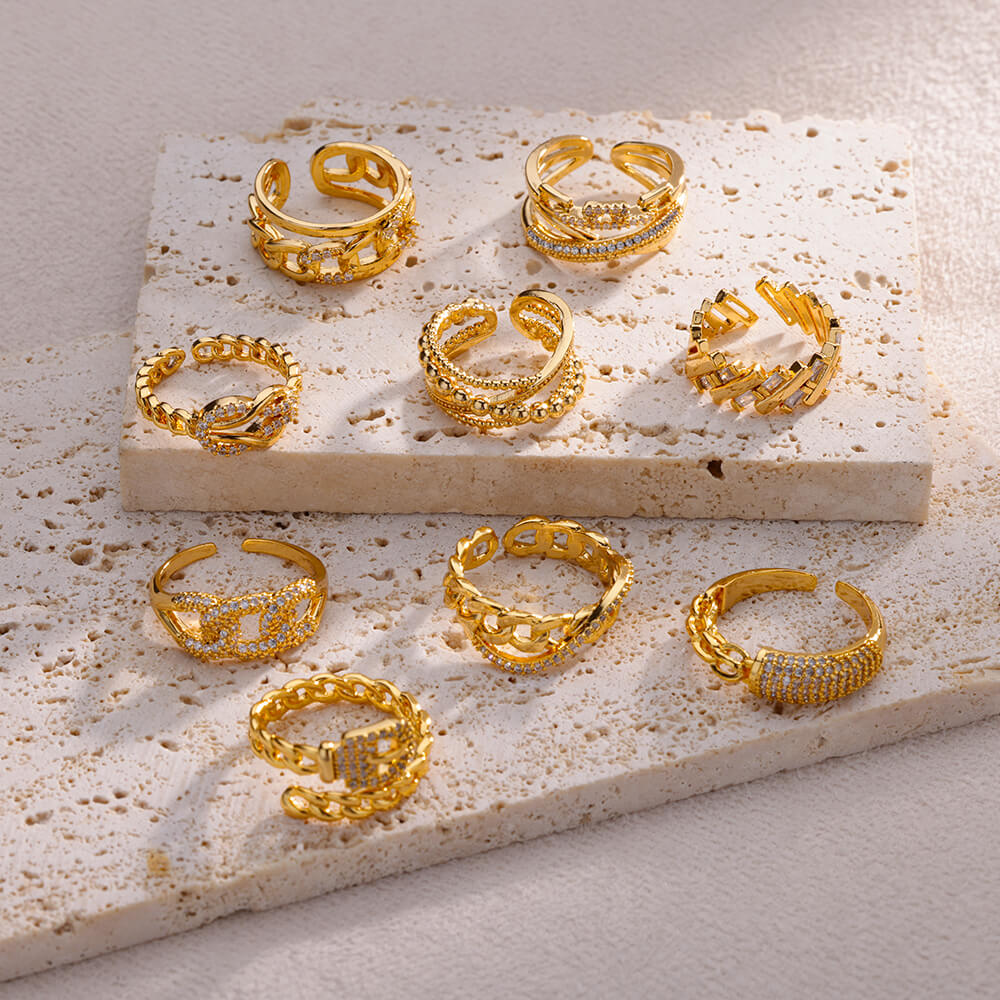 Fashion Gold Color Stainless Steel Rings For Women Chain Hollow Out Crystal Zir image 24