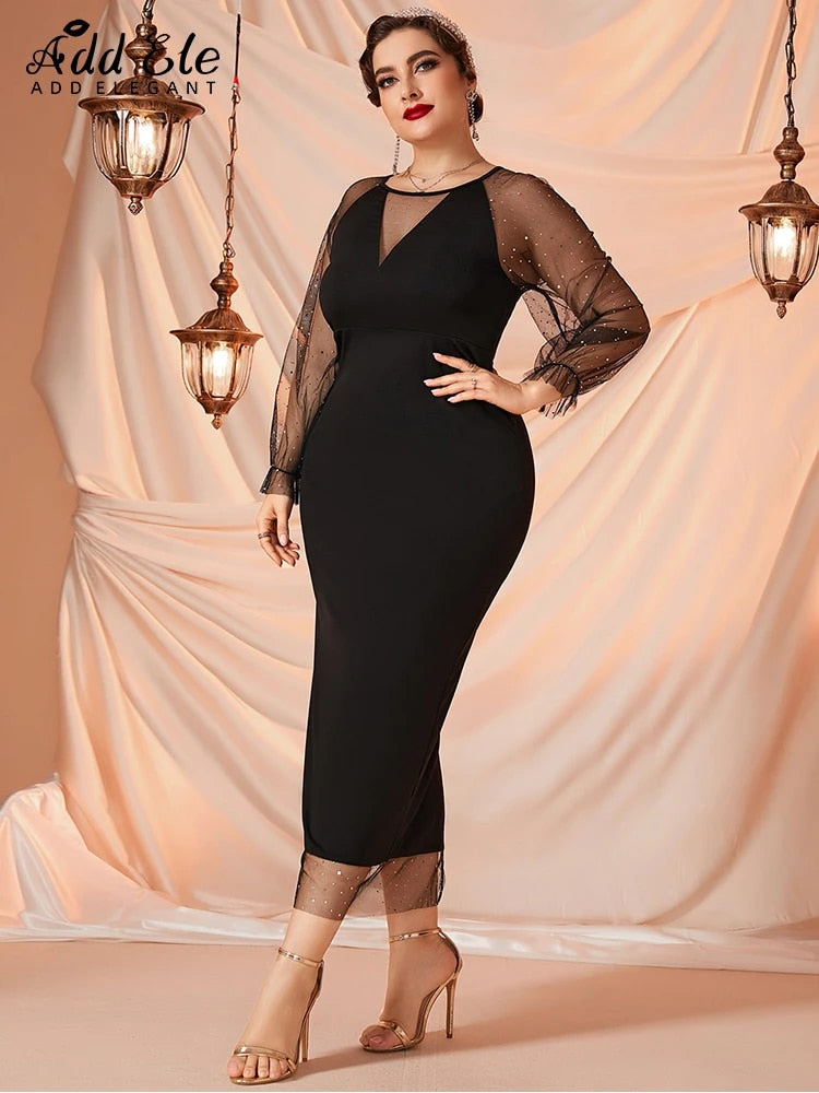 Add Elegant Plus Size Women's Dresses Petal Sleeve Neckline Paneled Sheer Mesh image 4