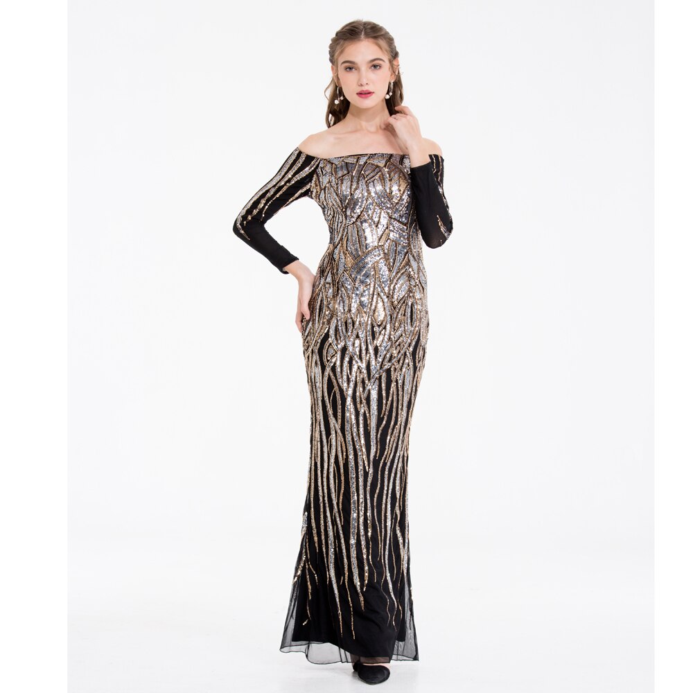 Angel-fashions Vintage Sequin Prom Gown Off Shoulder Long Sleeves Gold Silver image 6