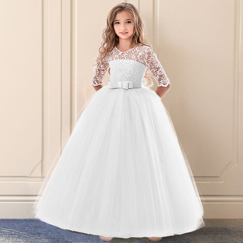 5-14 Year Bridesmaid Girl Lace White Flower Dress For Wedding Ceremony image 4