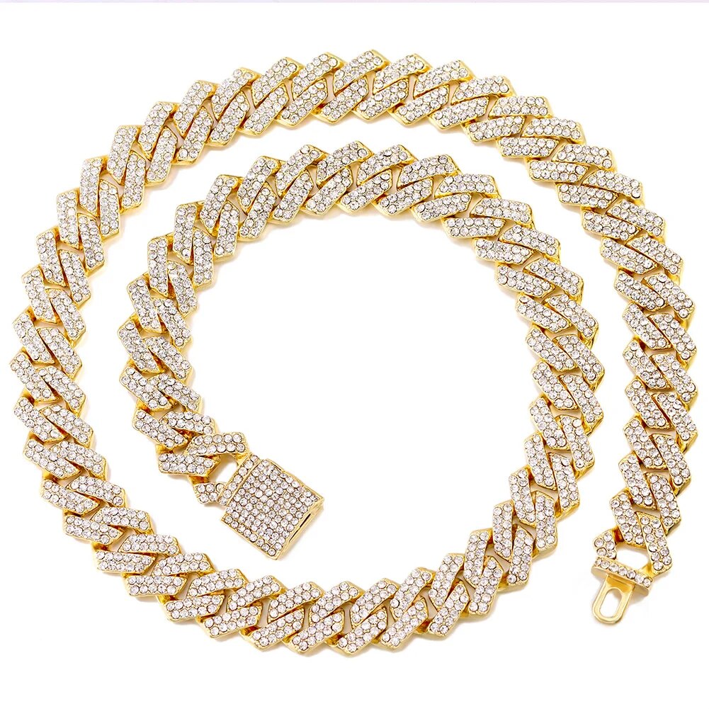 Hip Hop Men Iced Out Chain Prong Rhombus Cuban Link Necklace 14/20MM width Gold image 4