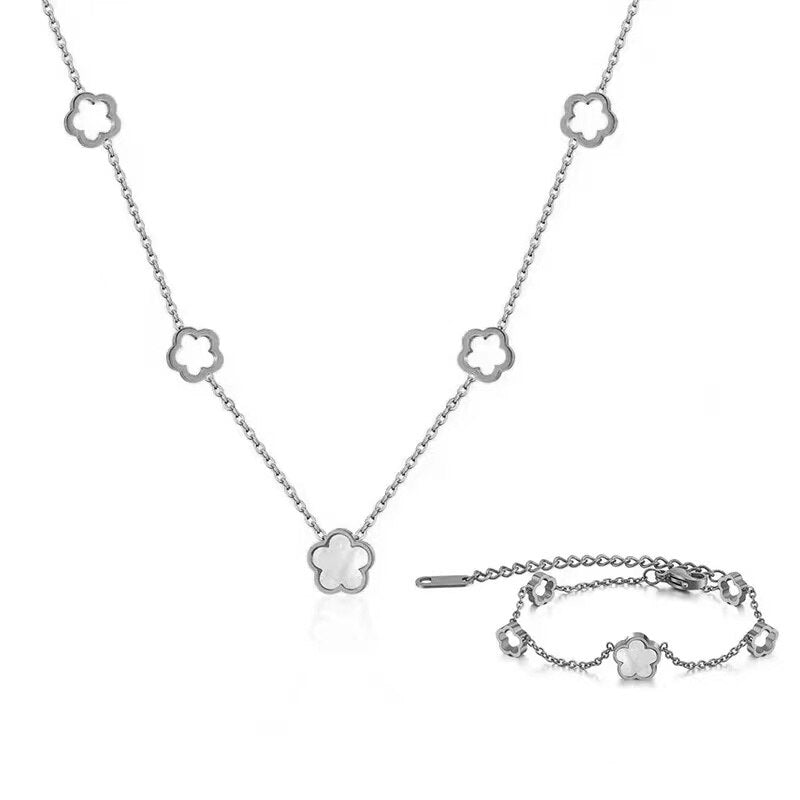 White Shell Flower Necklace Bracelet 2 Pc Set Natural Shell Gold Plated Link Ch image 1
