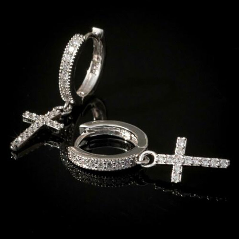 Punk Gold Color Cross Stud Earrings Hip Hop White Litter Rhimestone Jewelry Pie image 3