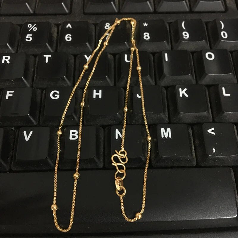New Genuine 24K Gold Necklace Plating Gold 45CM Box Chain Beaded Necklace Short image 4