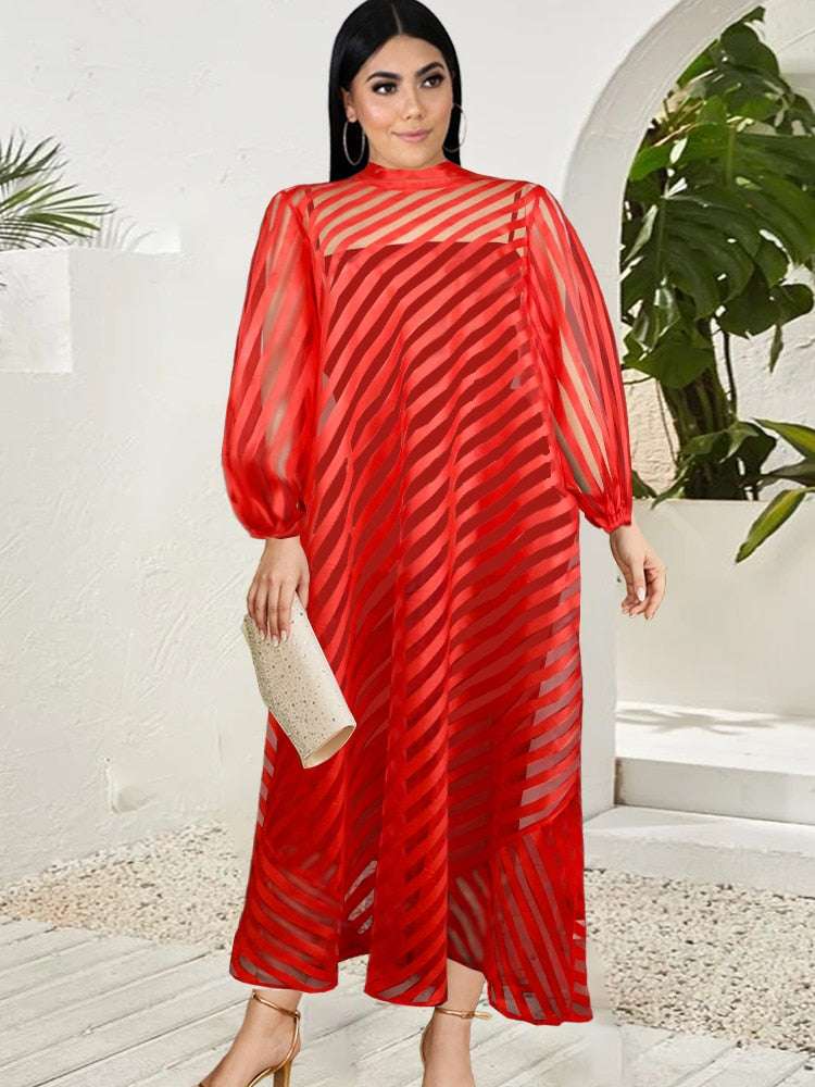 Shirt Dresses Plus Size Women Long Sleeve Red Striped Stand Collar See Through a image 0