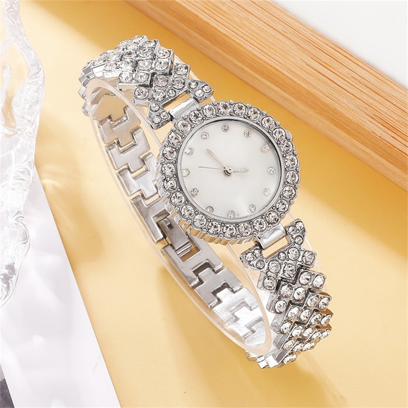 6PCS Set Luxury Watch Women Ring Necklace Earring Rhinestone Fashion Wristwatch image 6