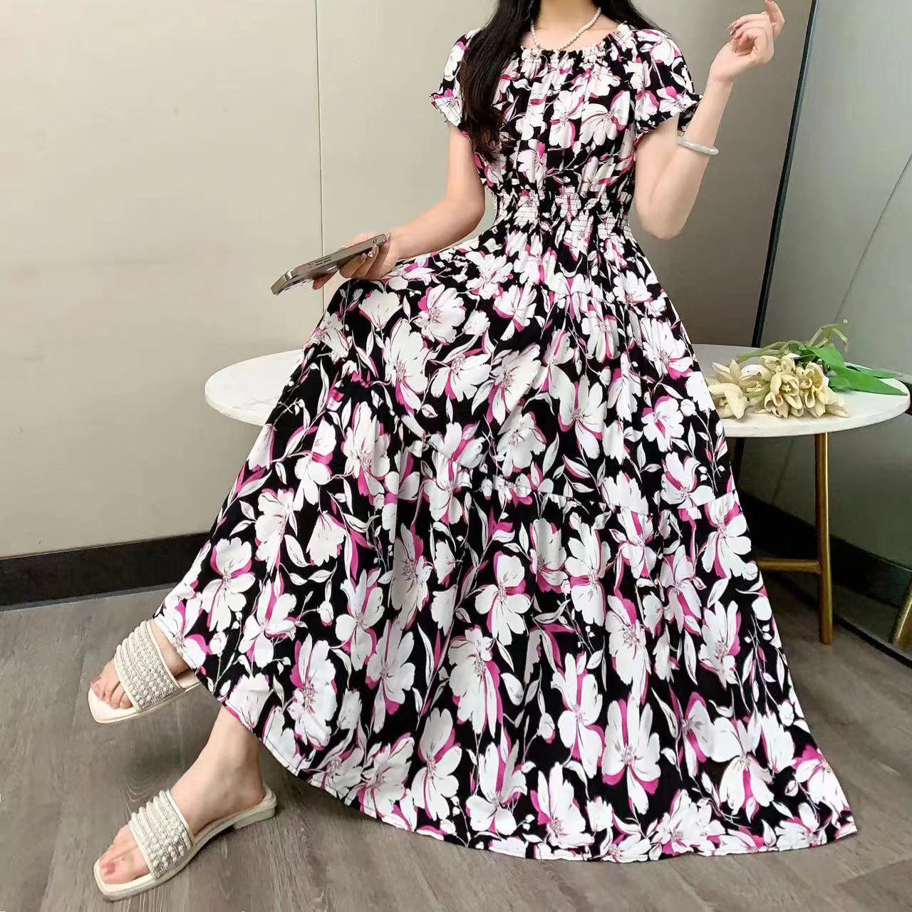 Bohemian Summer Trendy New Elegant Retro Vintage Midi Dress Large Swing Print E image 2