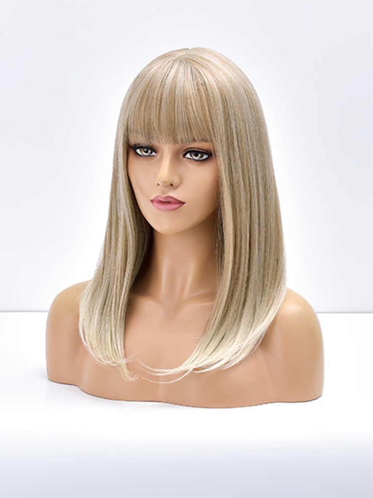 Blonde Ombre Long Straight Gold Synthetic Wig With Bangs For Black White Women image 12