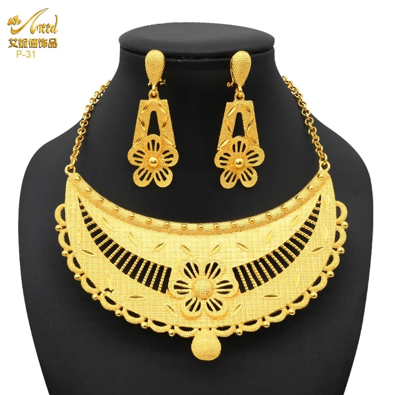 Indian Gold Plated Jewelry Set For Women African Bridal 24K Gold Color Necklace image 13
