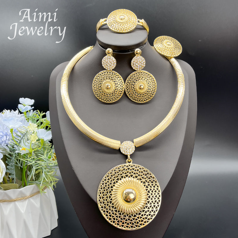 Large Round Pendant 18K Gold Plated Jewelry Set for Women Necklace Earrings Bra image 1