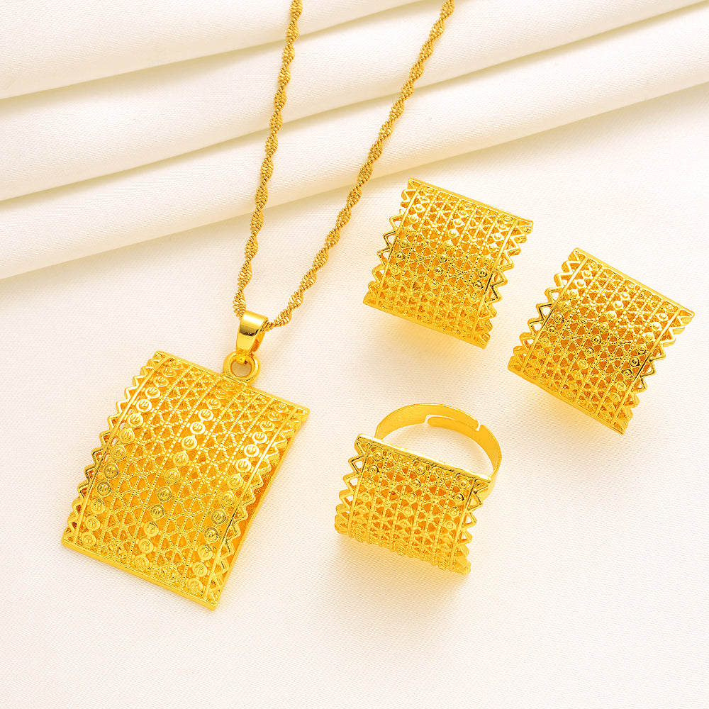 24K Gold Color Traditional Dubai Jewelry African Bride Habisha Lucky Patry Set image 3