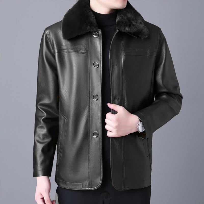 Winter Fur Collar Leather Jacket Men's Button Pu Leather Men Large Size Loose P image 2