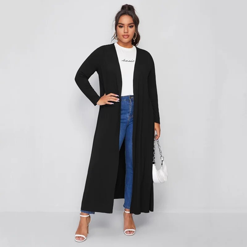 Plus Size Spring Elegant Maxi Cardigan Women Long Sleeve Open Front Loose Black image 1