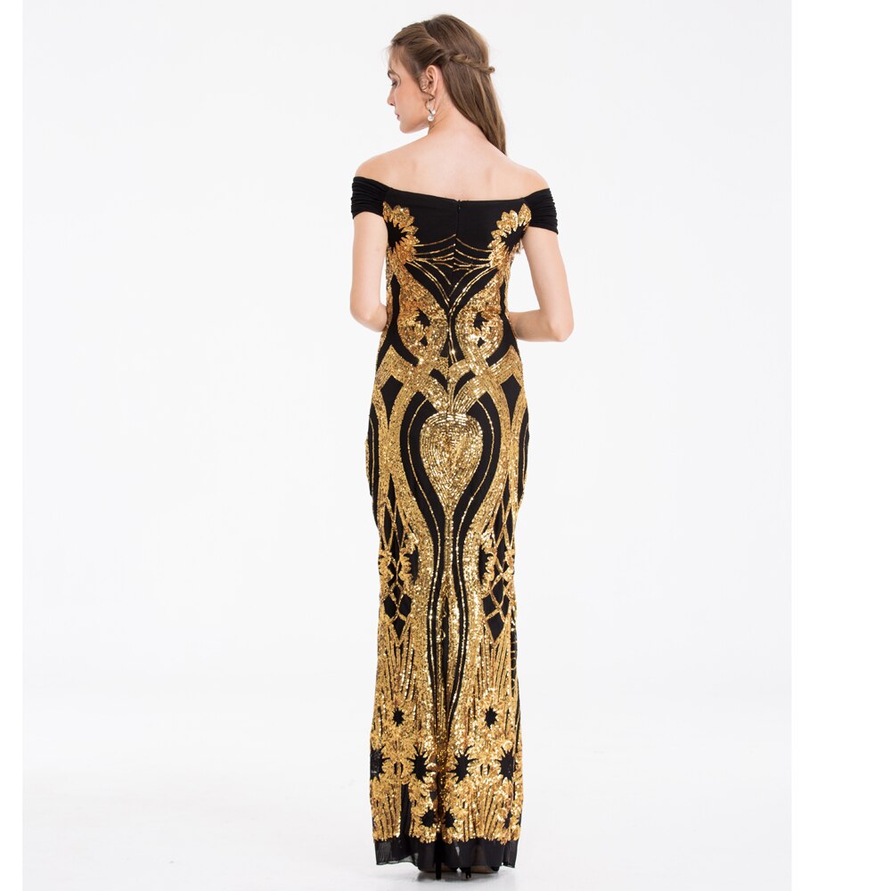 Angel-fashions Sparkling Gold Art-Deco Sequin Off Shoulder Cap Sleeve Formal image 3