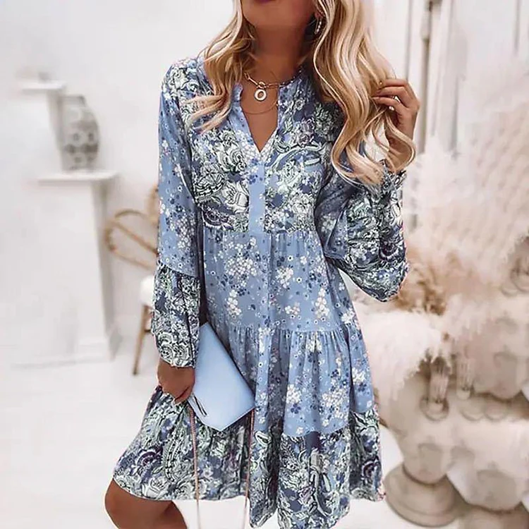 Women Floral Print Dress 2023 Summer Solid Casual V Neck Ruffles Boho Casual Dr image 3