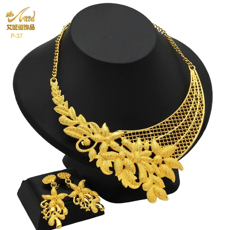 Indian Gold Plated Jewelry Set For Women African Bridal 24K Gold Color Necklace image 3