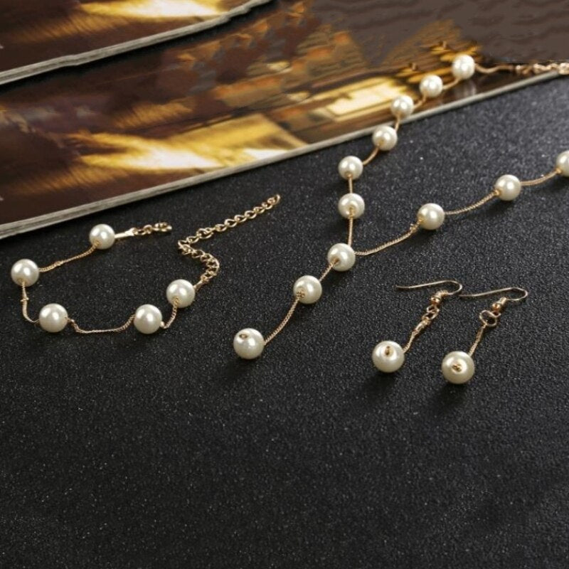 4pcs Gold-color Necklace Earring Bracelet Set Ladies Elegant Imitation-Pearls C image 2