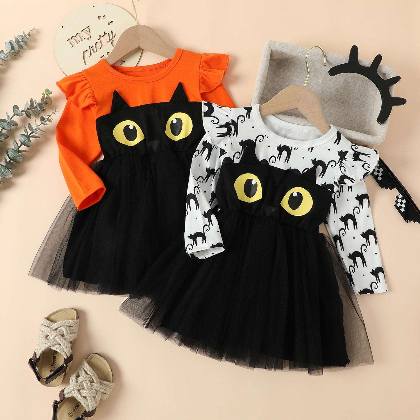 Toddler Kids Girls Infant Long Sleeve Cartoon Halloween Prints Mesh Tulle Princ image 2