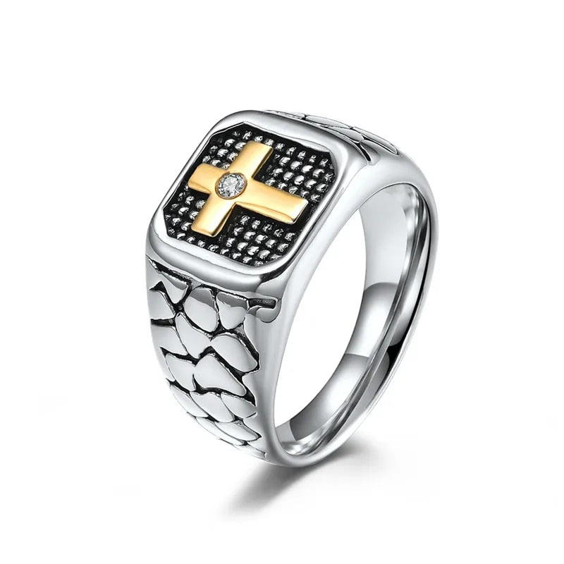 Punk Black Gold Color Cross Ring Men Titanium steel Crack Warrior Men's Jewelry image 0