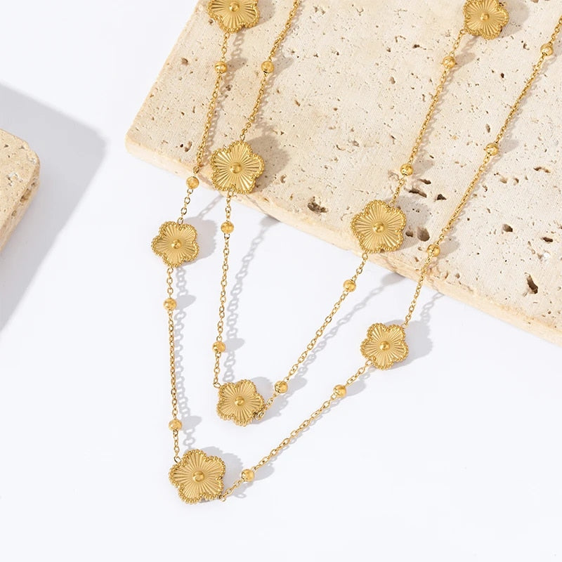 EILIECK 316L Stainless Steel Gold Color Flower Five-Leaf Clover Necklace For Wo image 16
