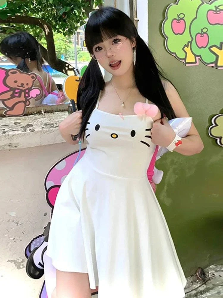 HOUZHOU Kawaii White Dress Women Japanese Y2k Cat Face Embroidery Cute Spaghett image 0