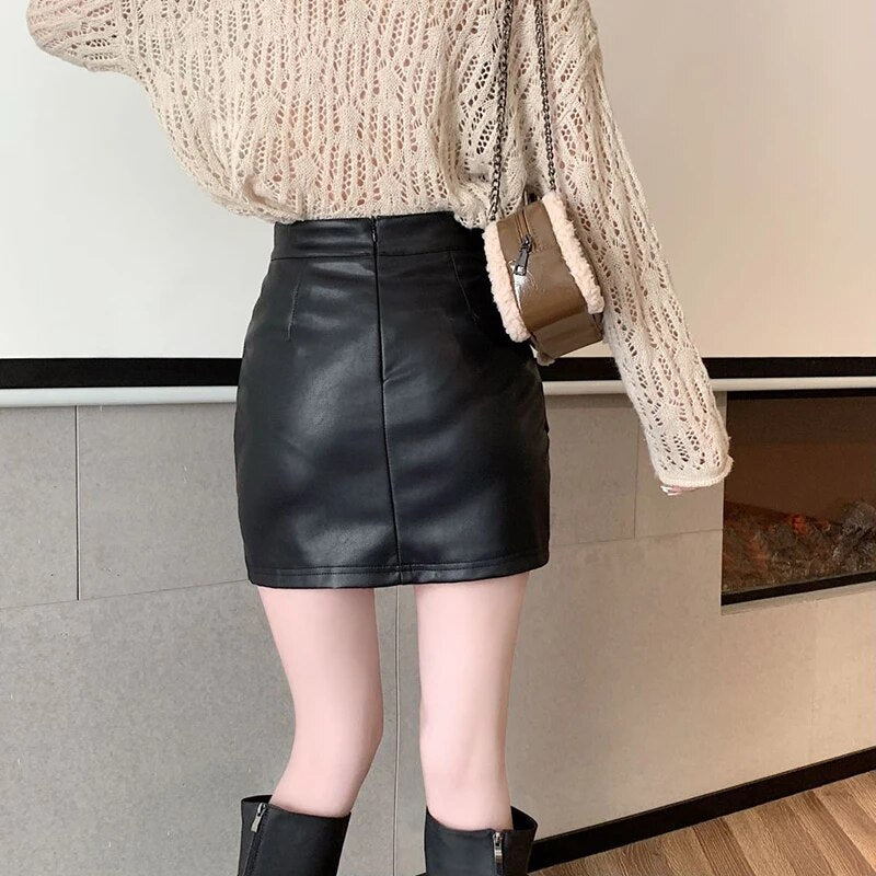 High Waist Slim Leather Mini Skirt For Women 2023 Autumn Casual Cute Irregular image 3