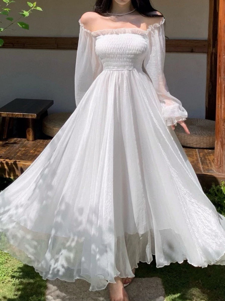 Horetong Elegant Maxi Dresses For Women White Off Shoulder Puff Long Sleeve Ela image 0
