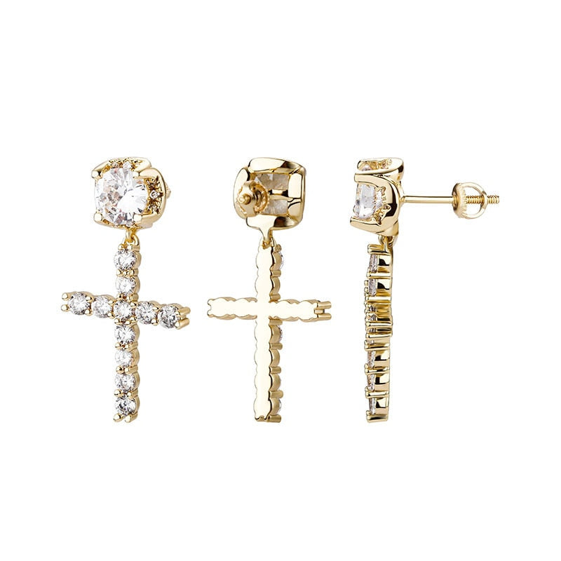 Punk Gold Color Cross Stud Earrings Hip Hop White Litter Rhimestone Jewelry Pie image 21