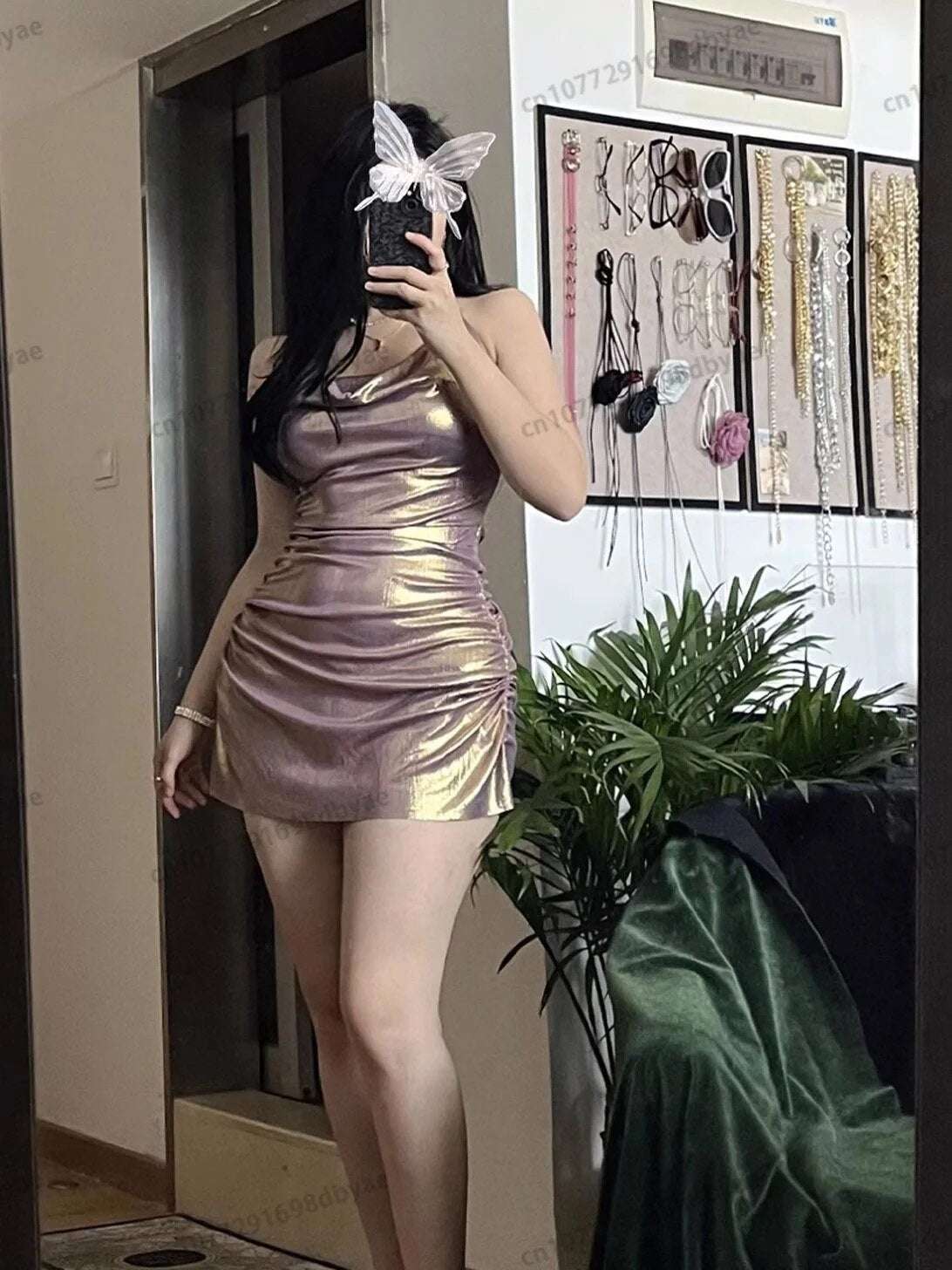 Plus Size Dress 100kg Bright Gold Purple Niche Dress Women Hanging Neck Hip Ski image 2