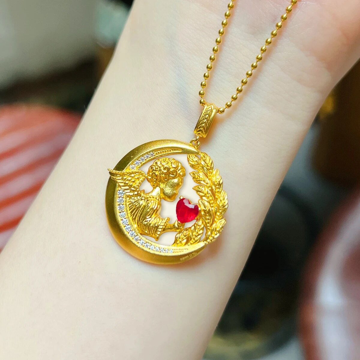 18k Gold Pendant Au750 Heart Shaped Zircon Round Angel Pendant Pendants for Wom image 0