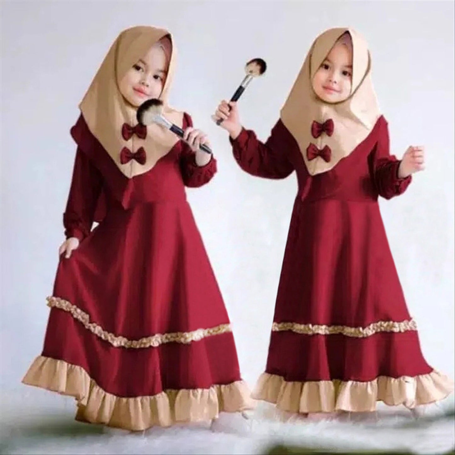 Muslim 2 Pieces Set Girls Princess Dress Kids Abaya Hijab Islamic Children Pray image 2