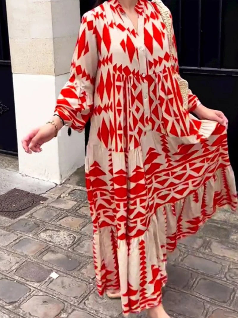 Elegant Summer Maxi Dress Women 2023 Casual Streetwear Vintage Geometric V Nec image 7