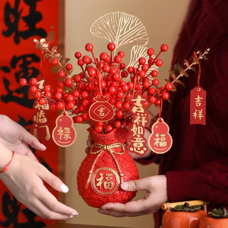 2024 Chinese New Year Decoration Red Fortune Fruit Artificial Golden Eucalyptus image 0