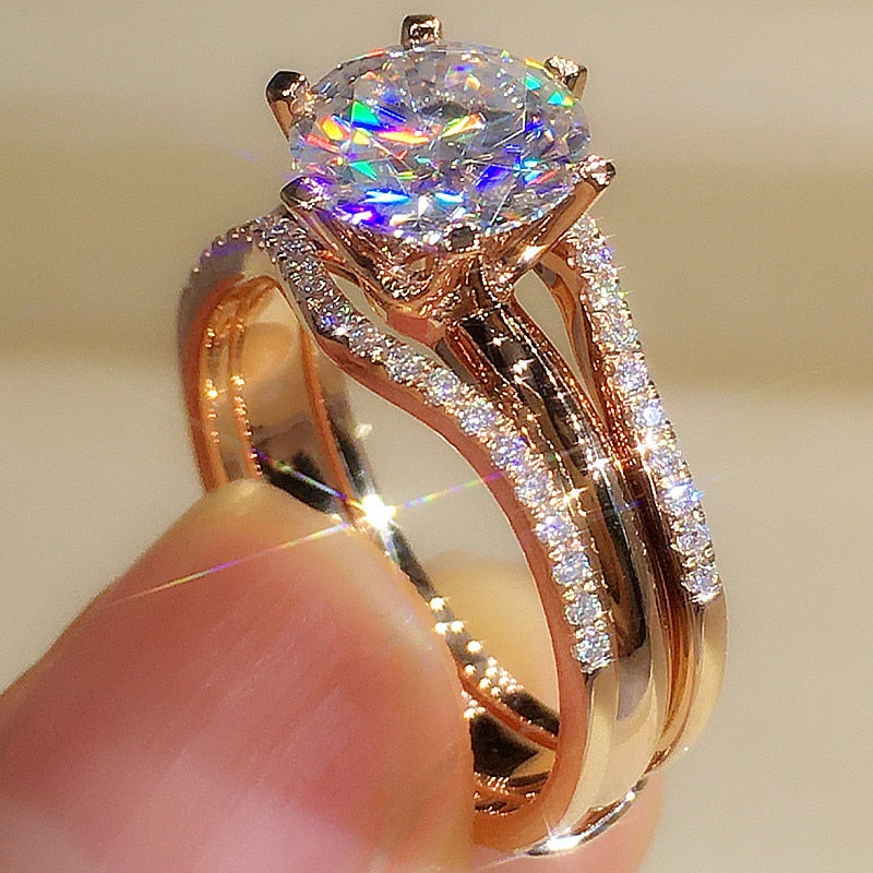 Huitan Unique Rose Gold Color Rings for Women Classic 6 Claws Designed Cubic Zi image 0