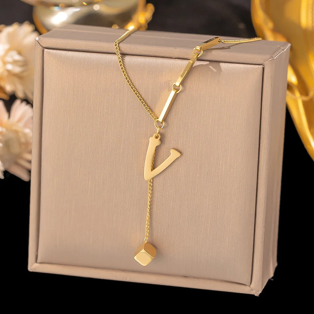 Stainless Steel Initial Letter Necklace For Women Gold Color 26 Alphabet Pendan image 18
