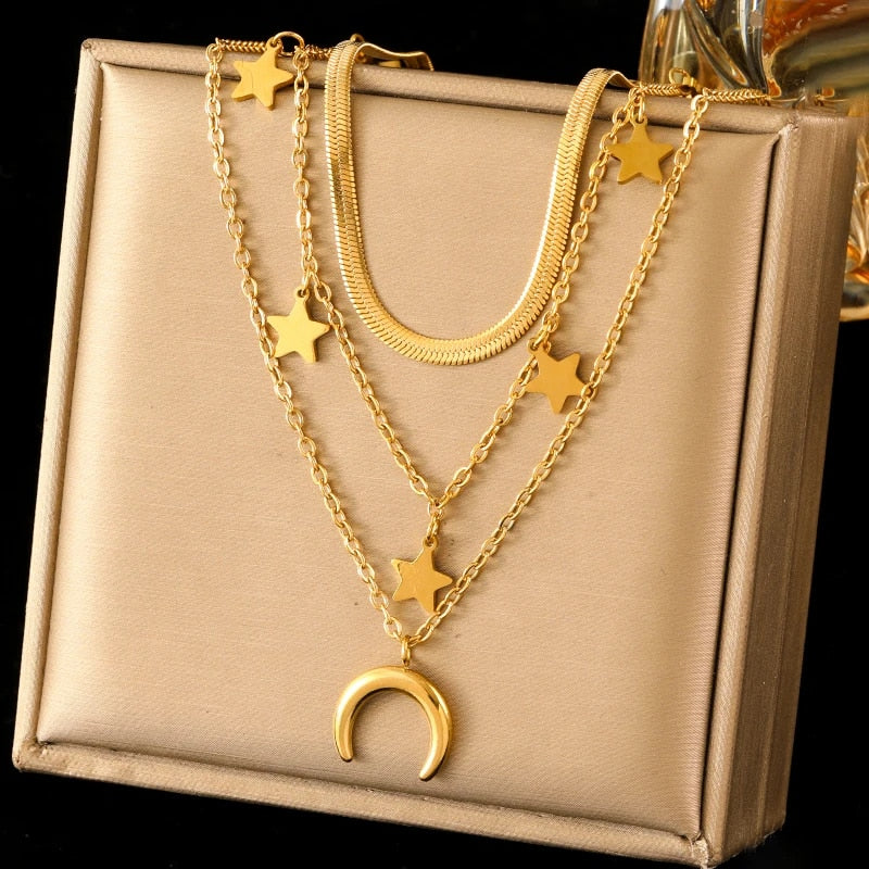 EILIECK 316L Stainless Steel Gold Color Flower Five-Leaf Clover Necklace For Wo image 4