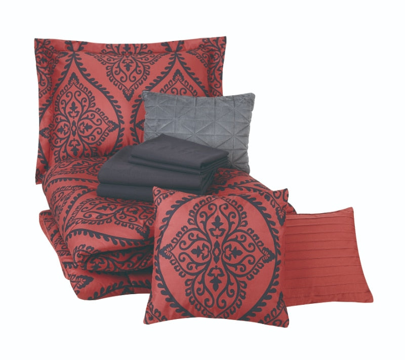 Mainstays Red and Black Damask 8 Piece Bed in a Bag Comforter Set with Sheets, image 4