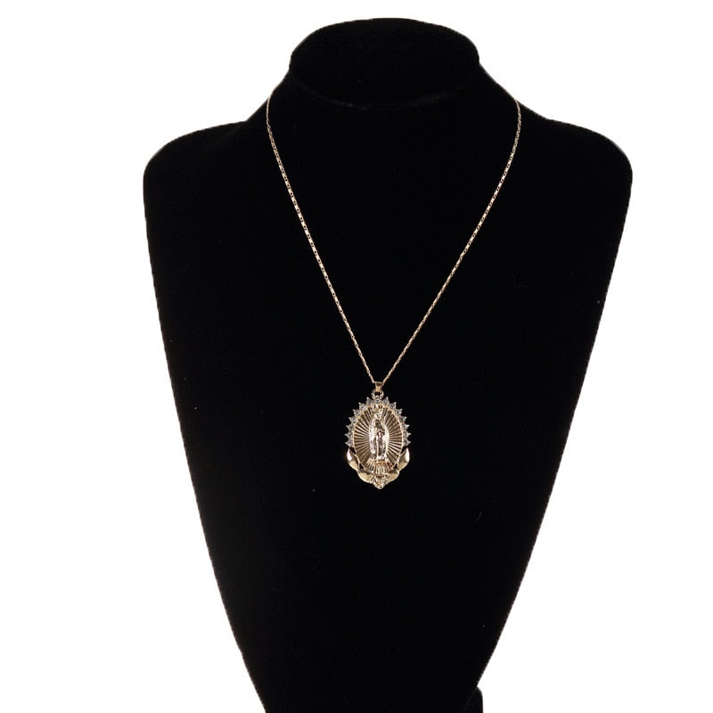 Holy Virgin Mary Pendant Necklace Religion Dainty Golden Christian Cubic image 3