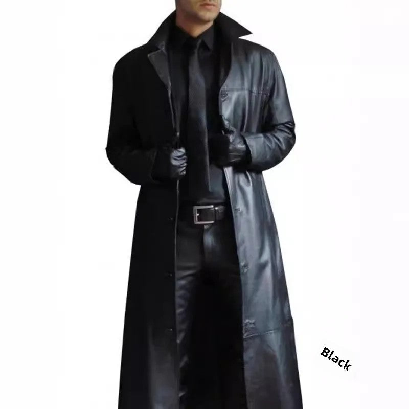 Fashionable Extended Length PU Leather Jacket for Men Solid Color Slim Fit Oute image 4