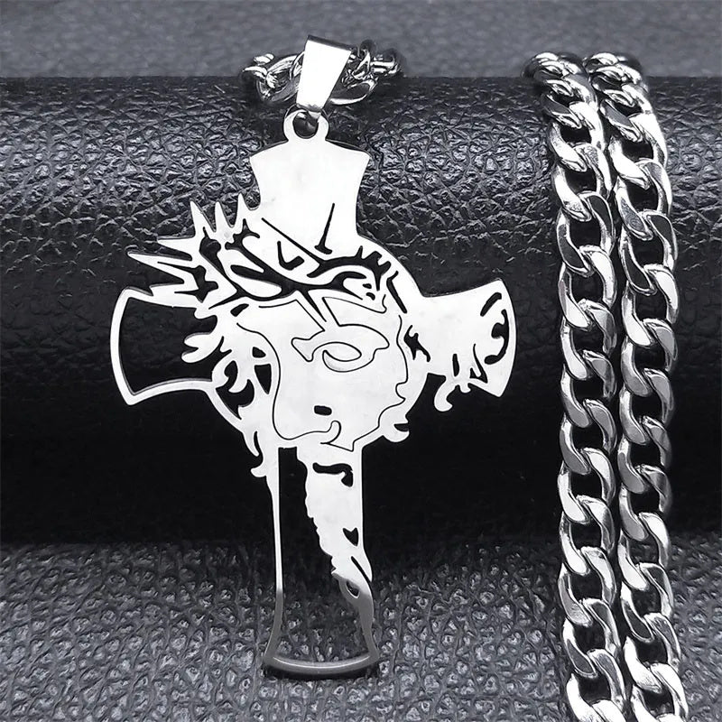 Hip Hop Punk Crown of Thorns Jesus Cross Necklace for Men Stainless Steel Gold image 8