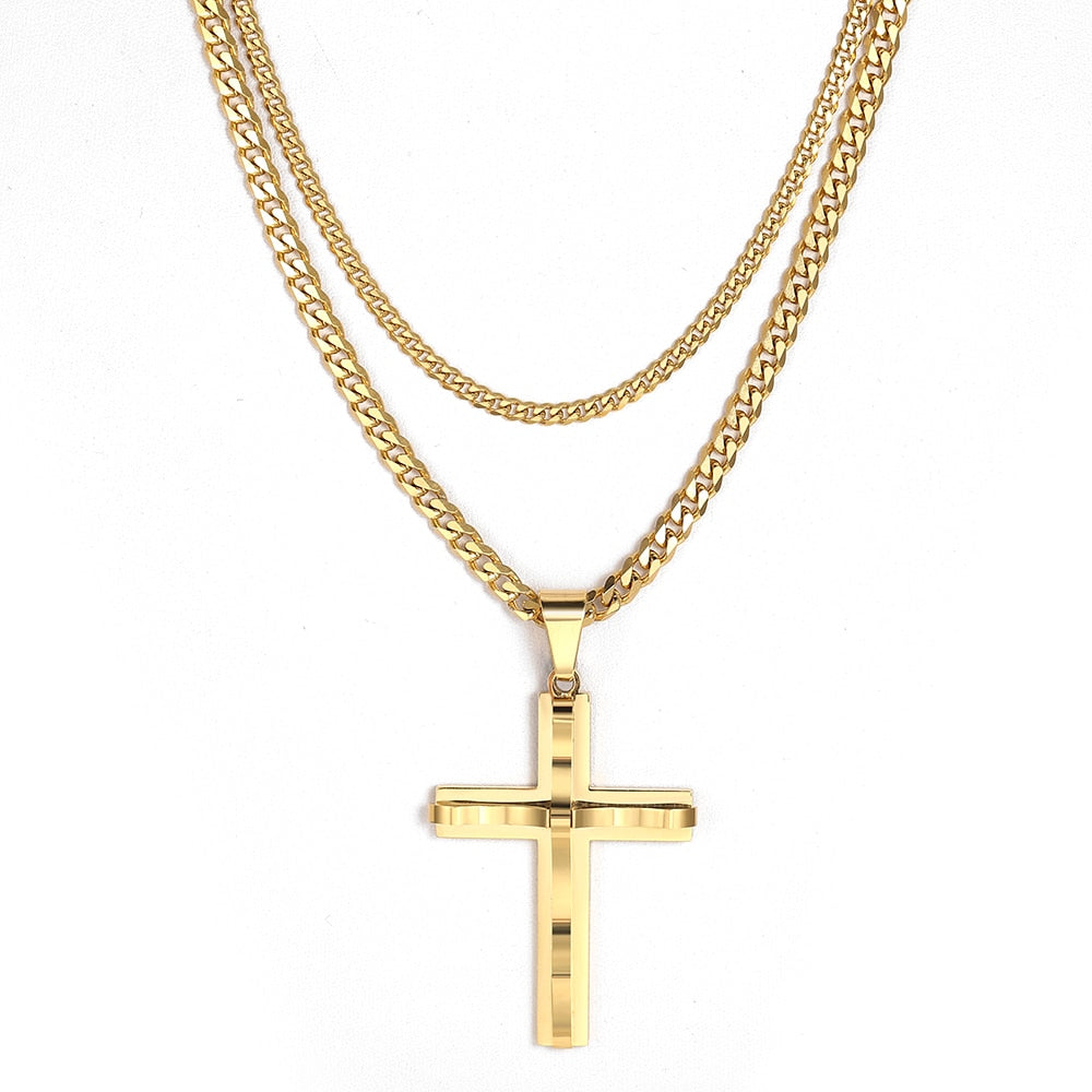 Punk Miami 2Pcs/Set Gold Color Big Cross Pendant Necklace for Men Women Stainle image 0