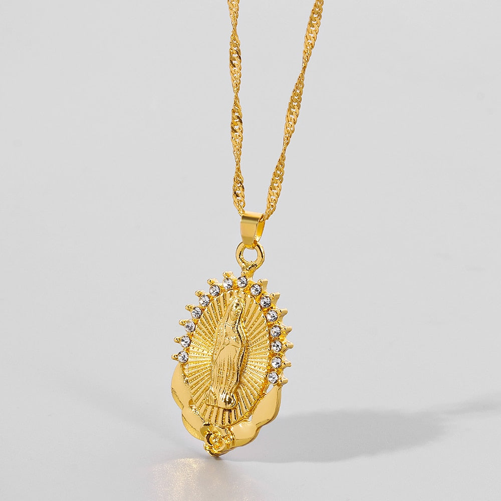 Virgin Mary Necklace Gold Color Bijoux Imitation Crystal Statement Necklace image 4