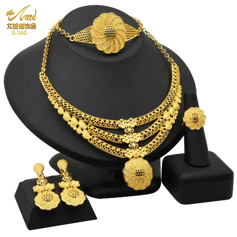 Indian Gold Plated Jewelry Set For Women African Bridal 24K Gold Color Necklace image 2