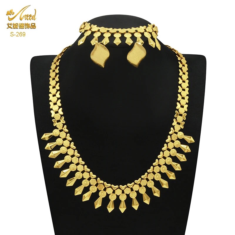 Indian Gold Plated Jewelry Set For Women African Bridal 24K Gold Color Necklace image 20