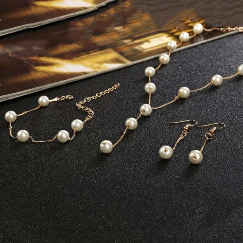 4pcs Gold-color Necklace Earring Bracelet Set Ladies Elegant Imitation-Pearls C image 2
