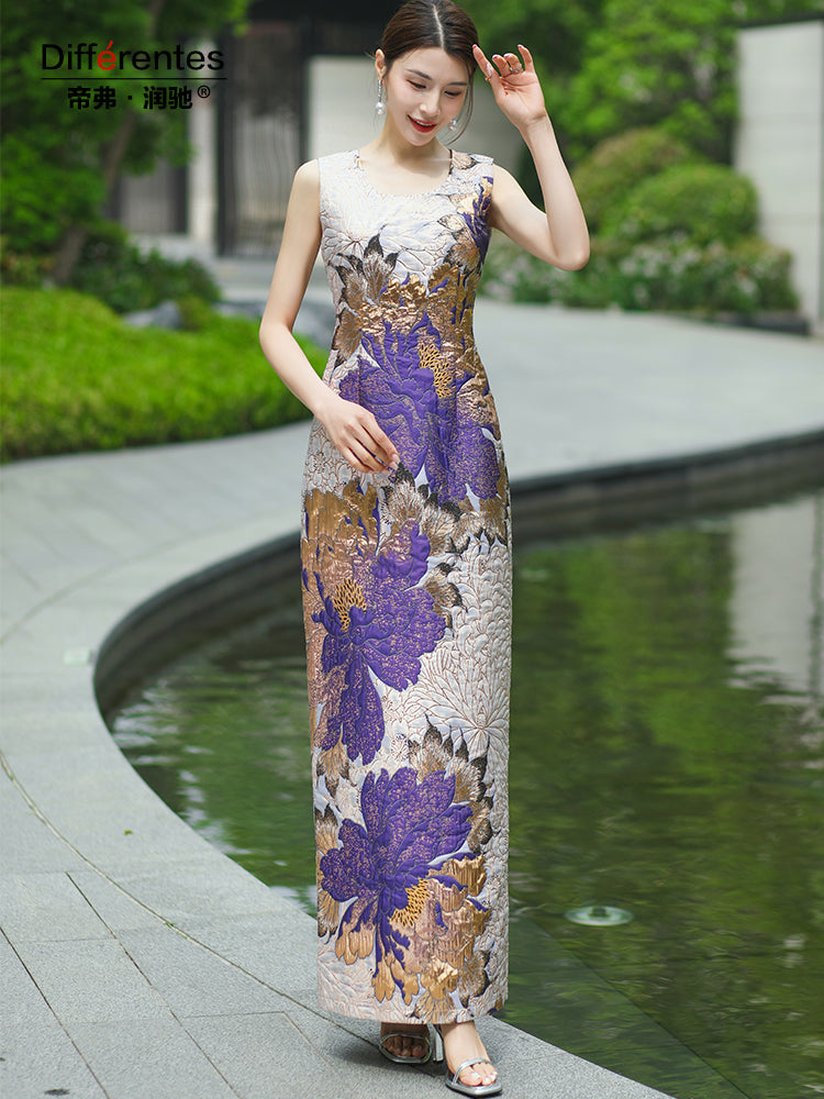 2024 Summer Jacquard Dress Pencil Straight Dress O-neck Sleeveless Party Evenin image 1