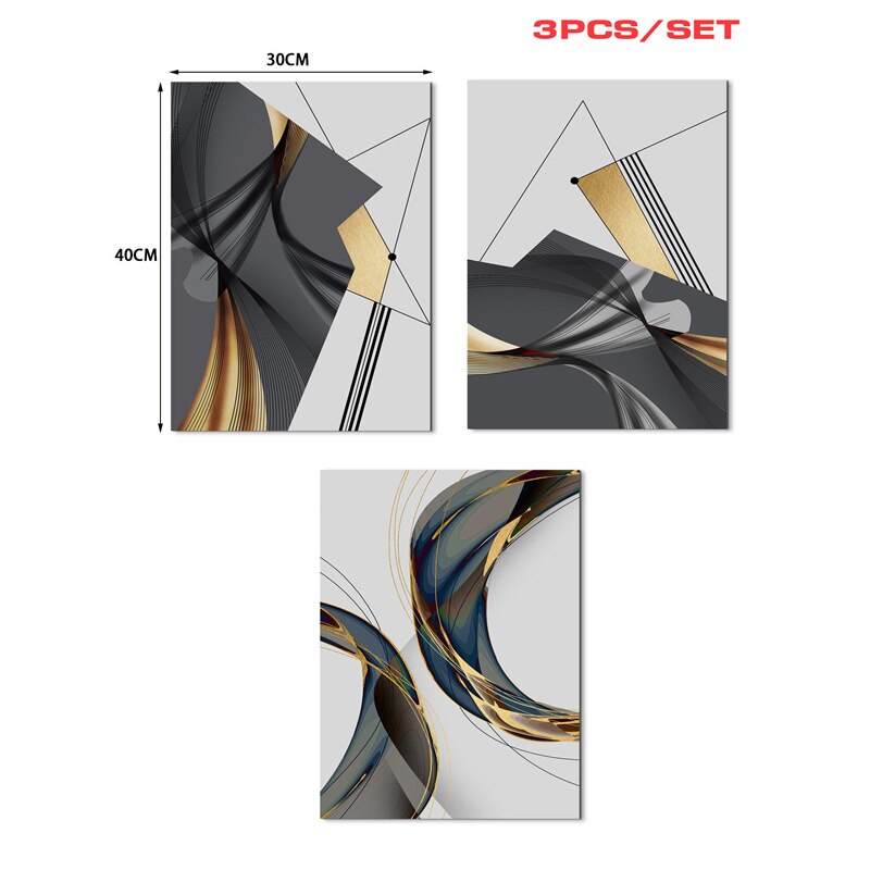 Modern Abstract Geometric Canvas Painting Black Gold Lines Wall Art Poster Pict image 5
