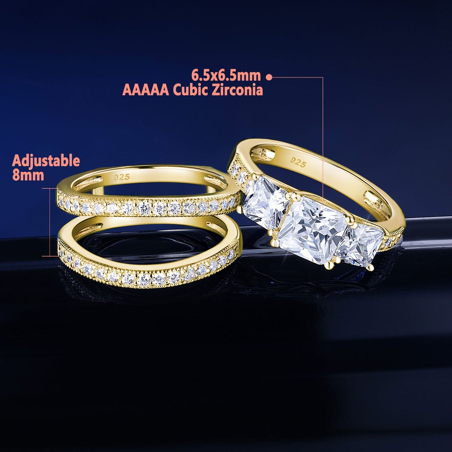 Newshe Yellow/ Rose Gold Wedding Rings Set For Women 925 Silver Princess image 3
